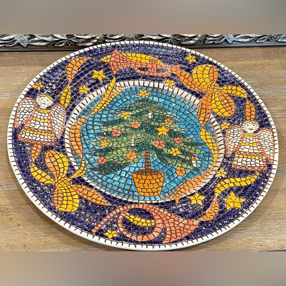 Vintage PIER 1 IMPORTS, Hand Painted Large 93 Mosaic Christmas Plate/Platter